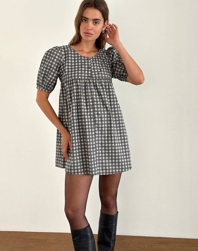 Afbeelding van Cybera Mini Dress in Tonal Gingham Zwart en Grijs
