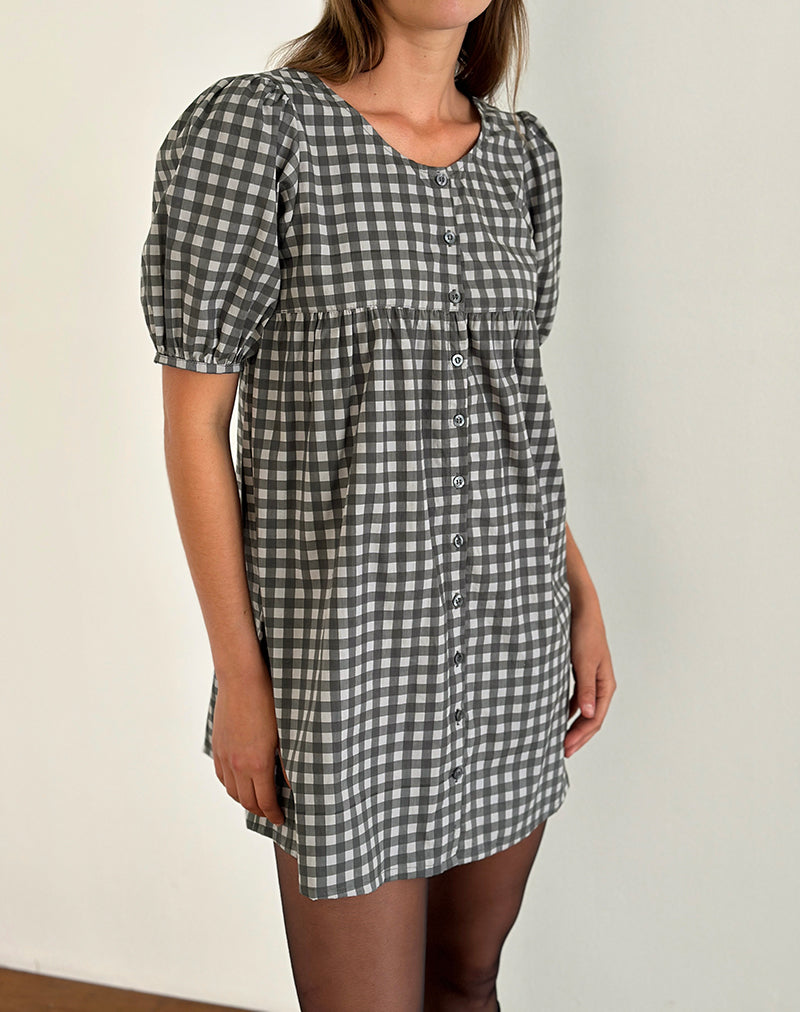 Cybera Mini Dress in Tonal Gingham Zwart en Grijs