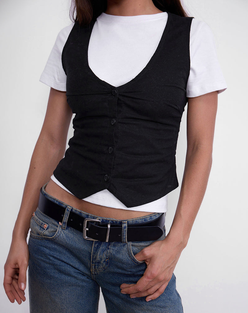 Afbeelding van Cyna Button Through Vest Top in Zwart Linnen