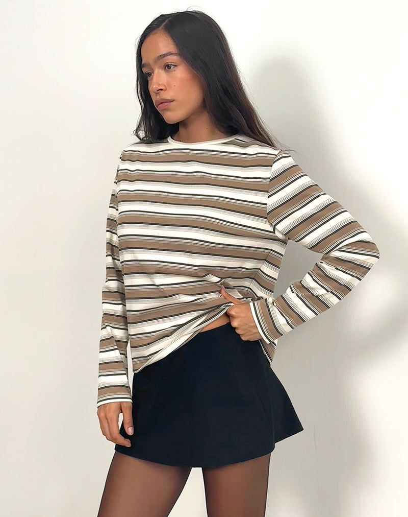 Afbeelding van Dafika Jersey Top met lange mouwen in bruin-witte streep