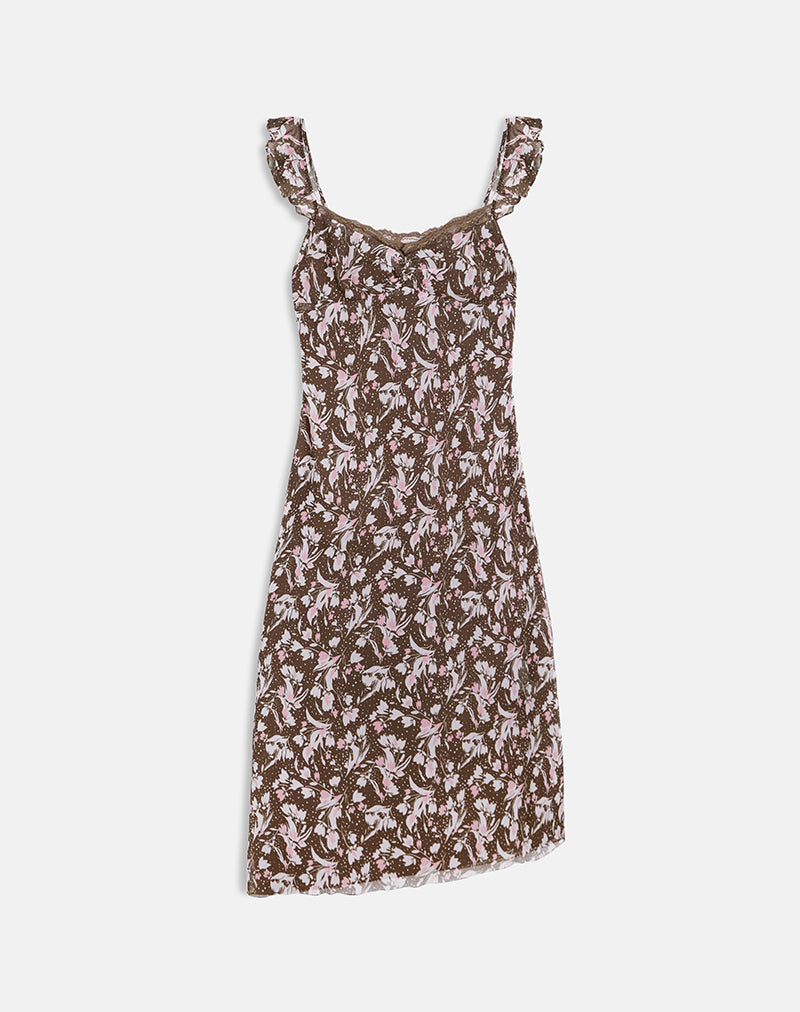 Afbeelding van Daita Midi jurk in bruin en roze polkabloem chiffon