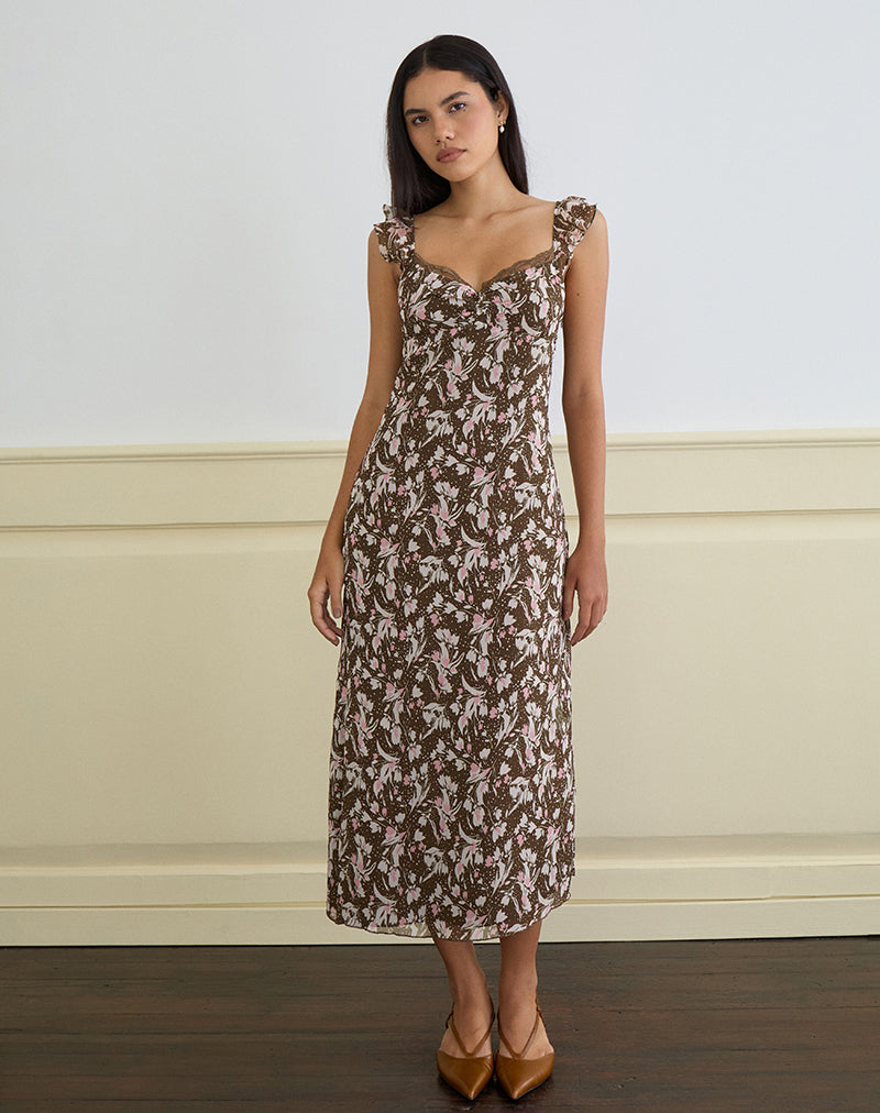 Afbeelding van Daita Midi jurk in bruin en roze polkabloem chiffon
