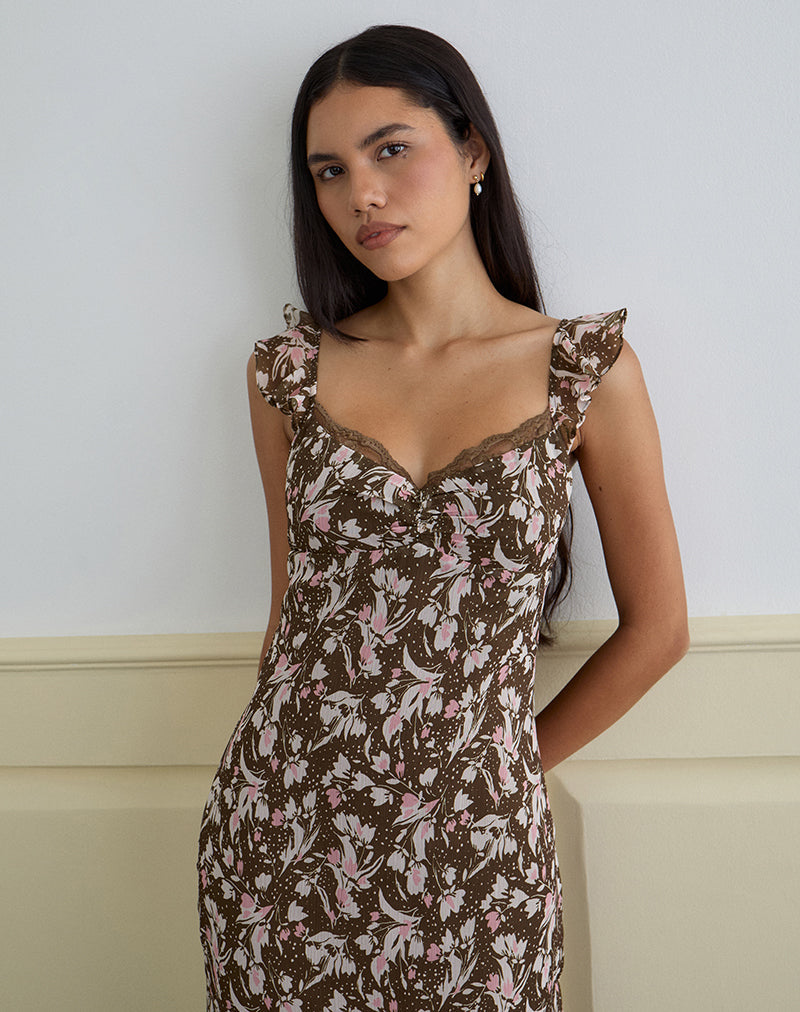 Daita Midi jurk in bruin en roze chiffon met polkabloemen