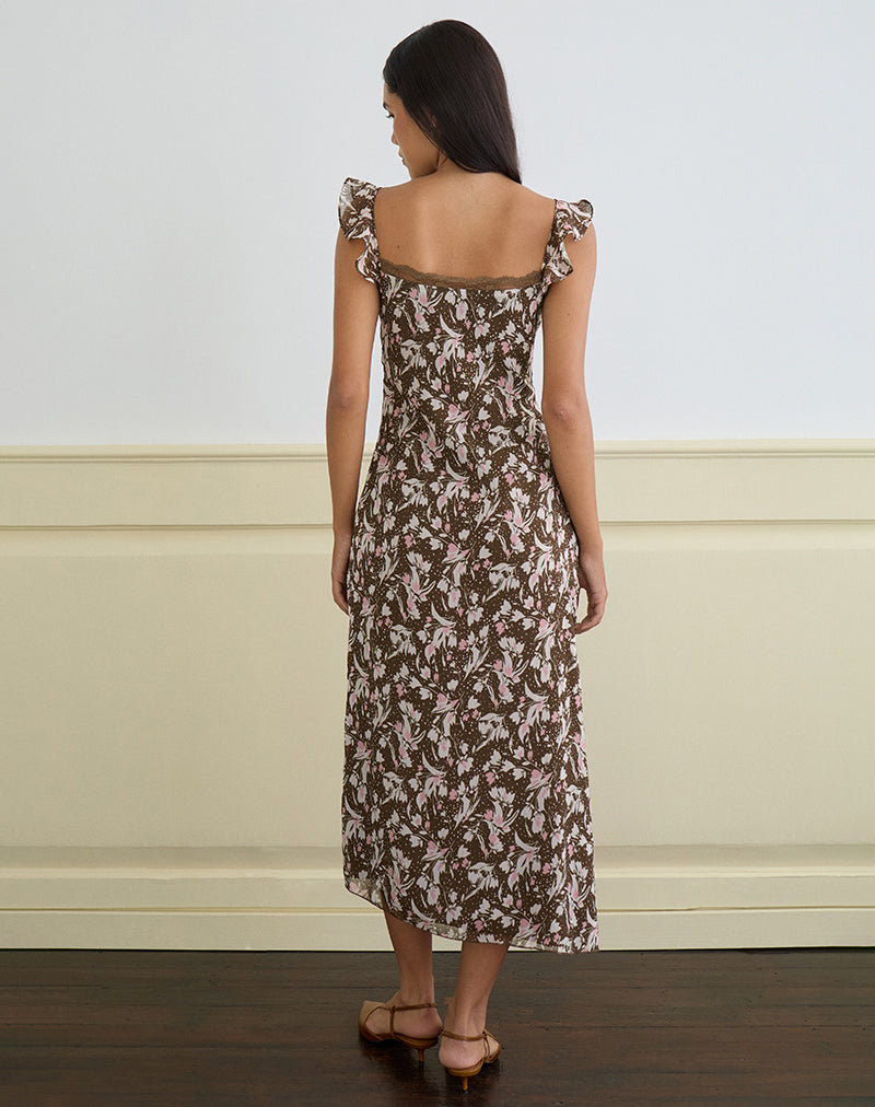 Afbeelding van Daita Midi jurk in bruin en roze polkabloem chiffon