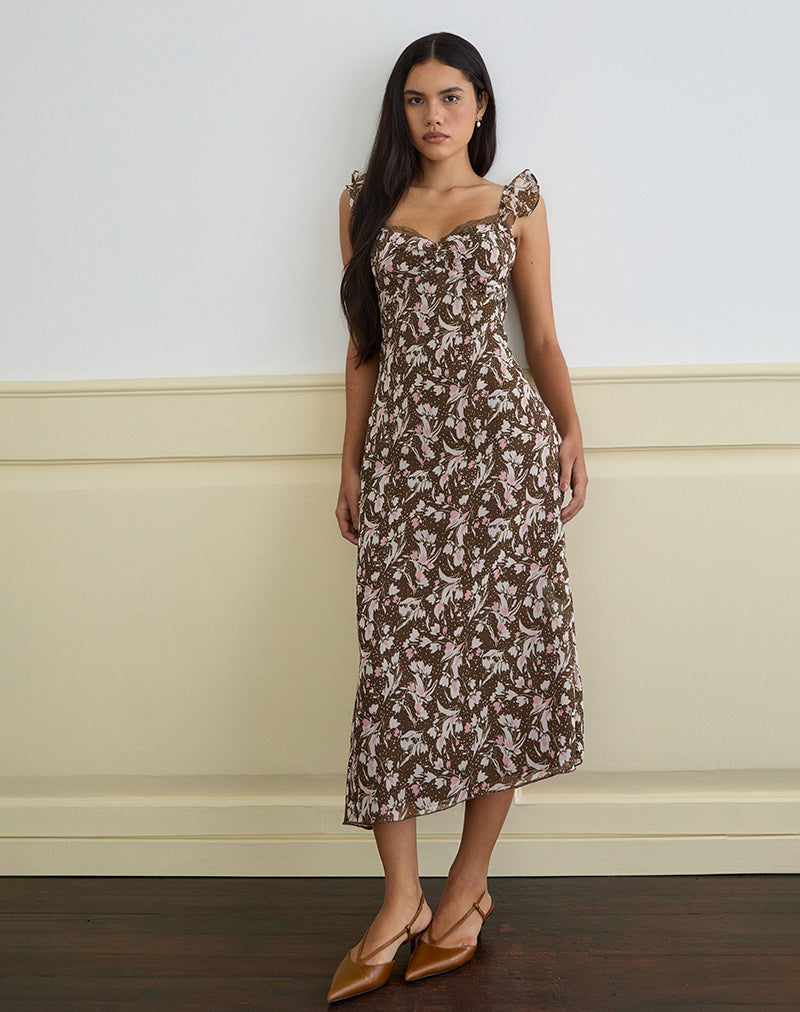 Daita Midi jurk in bruin en roze chiffon met polkabloemen