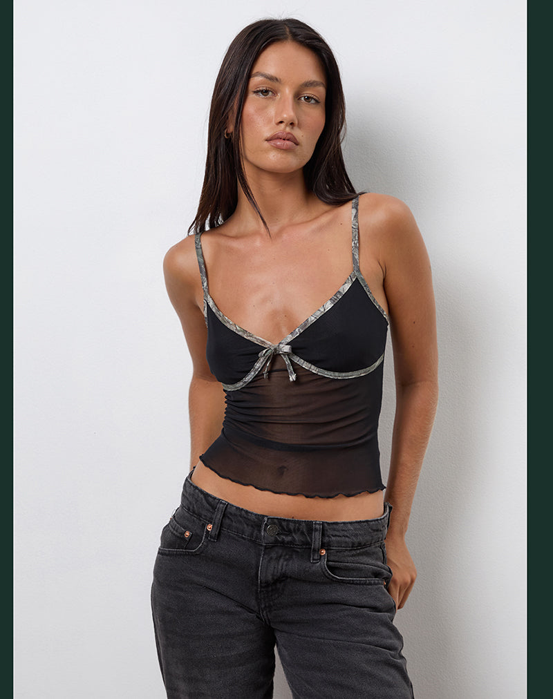 Afbeelding van Dalan Cami Top in Zwart Mesh met Boscamouflage