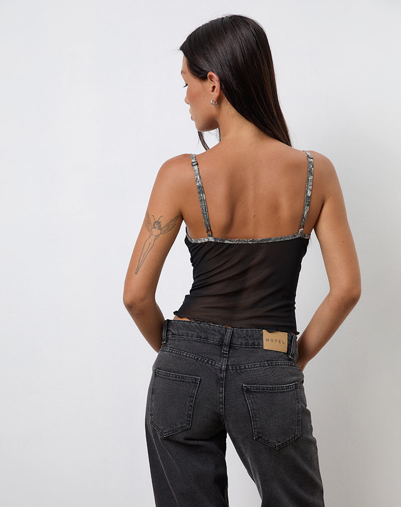 Afbeelding van Dalan Cami Top in Zwart Mesh met Boscamouflage