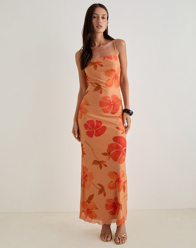 Afbeelding van Dalesio Maxi Dress in aquarel Hibiscus Oranje