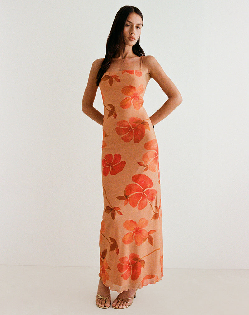 Dalesio Maxi Dress in aquarel hibiscus oranje