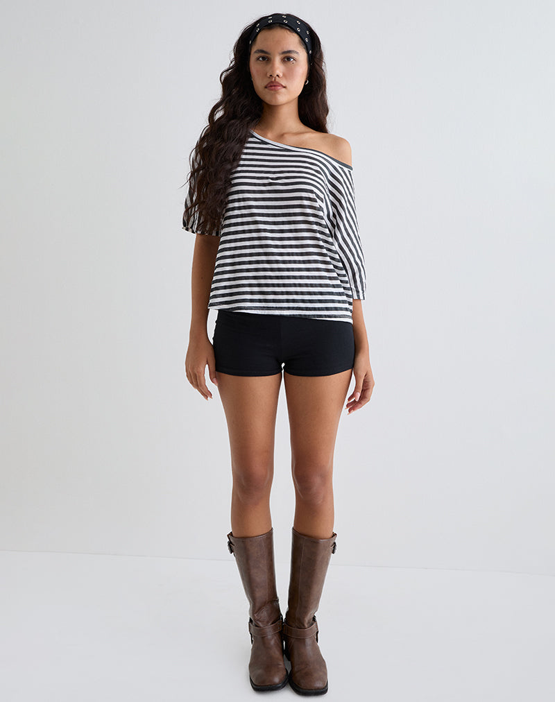 Daman Off Shoulder Basic Top in Ivoor met Charcoal Stripe