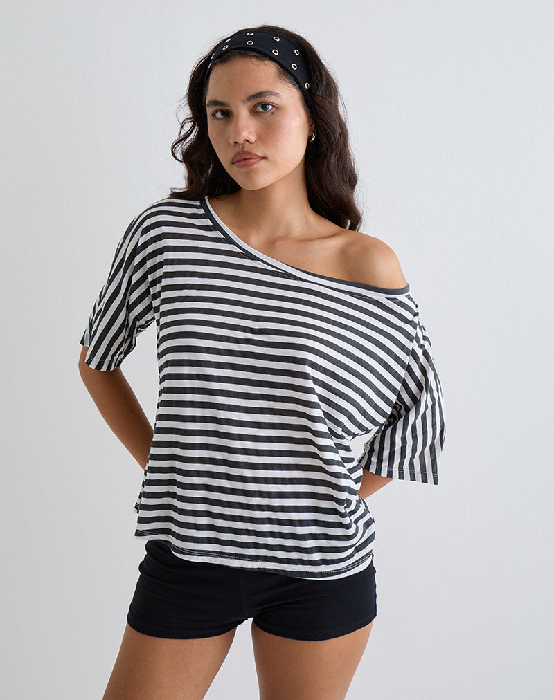 Daman Off Shoulder Basic Top in Ivoor met Charcoal Stripe