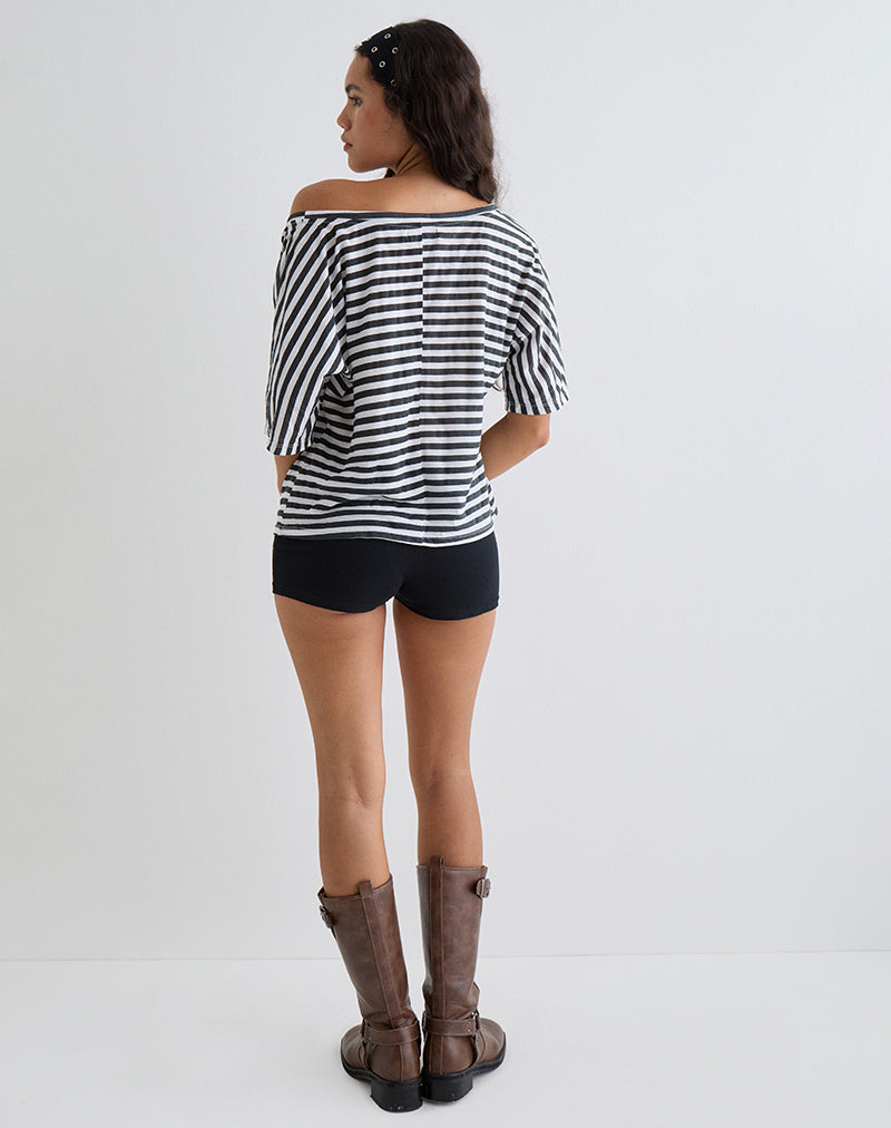 Afbeelding van Daman Off Shoulder Basic Top in Ivoor met Charcoal Stripe