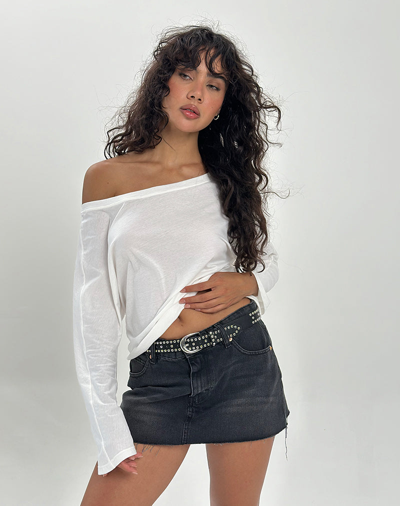 Afbeelding van Damian Off The Shoulder Basic Top met lange mouwen in Ivoor