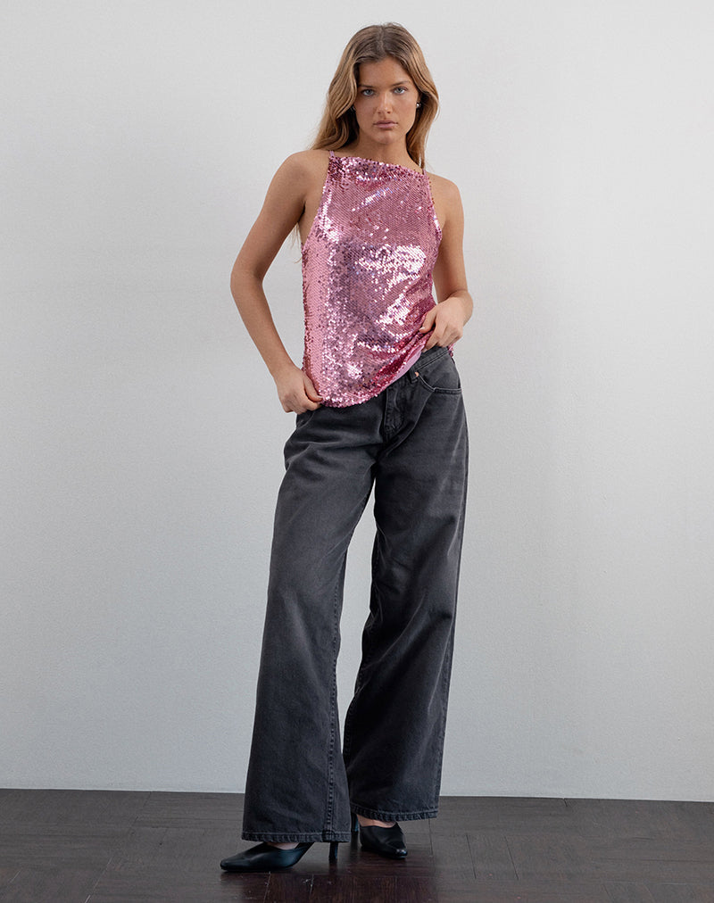 Damske Vest Top in Roze Pailletten