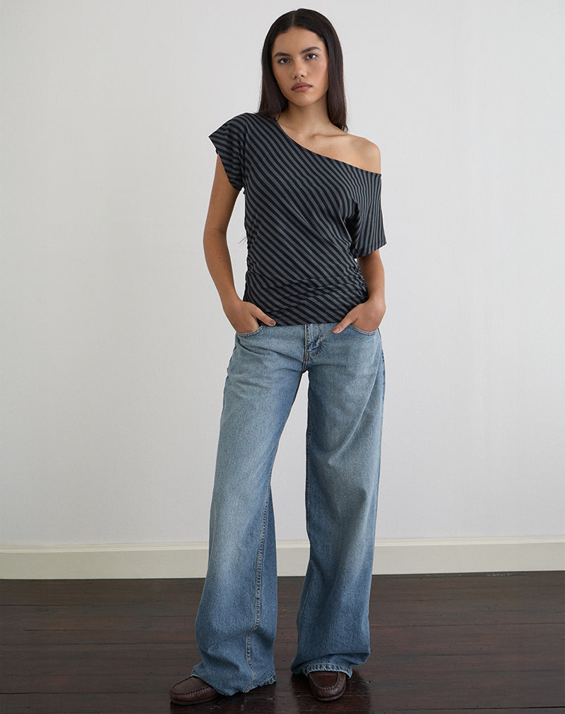 Afbeelding van Danama One Shoulder Top in Oblique Stripe Ocean Storm