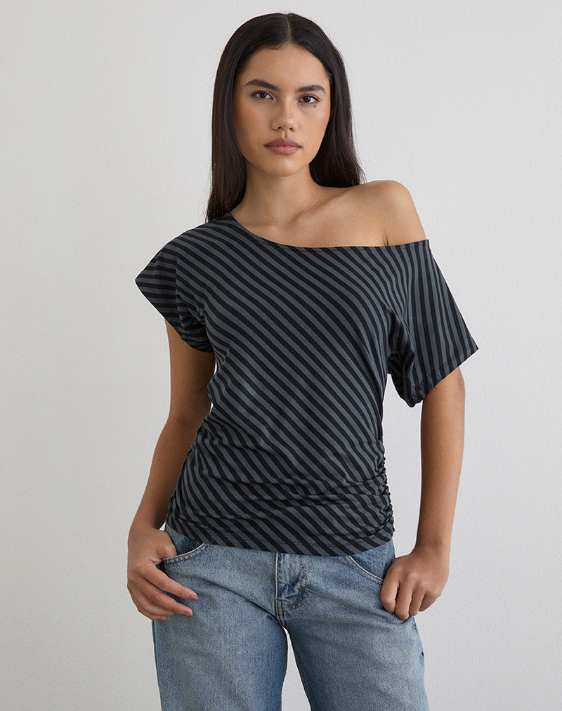 Afbeelding van Danama One Shoulder Top in Oblique Stripe Ocean Storm