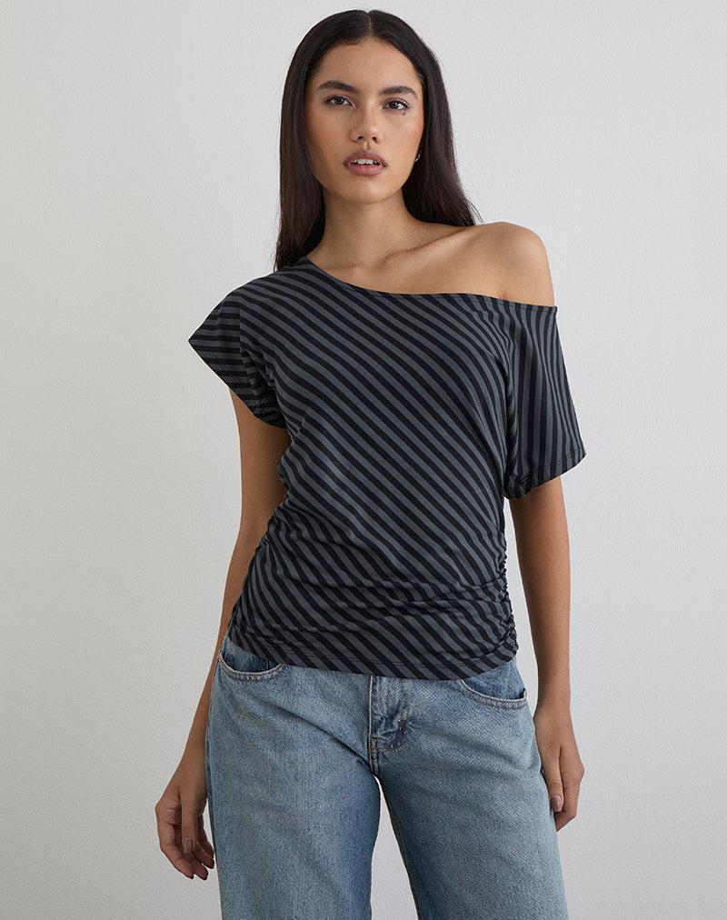 Afbeelding van Danama One Shoulder Top in Oblique Stripe Ocean Storm