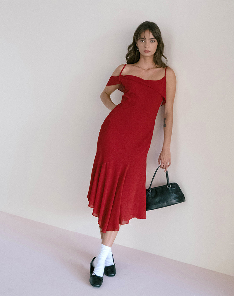 Dansya Midi Chiffon Jurk in Rood