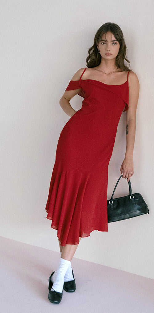 Afbeelding van Dansya Midi Chiffon Jurk in Rood