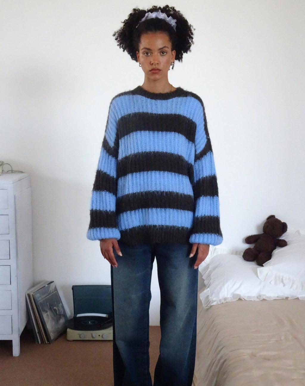 Daren gebreide oversized trui in bruin met blauwe streep