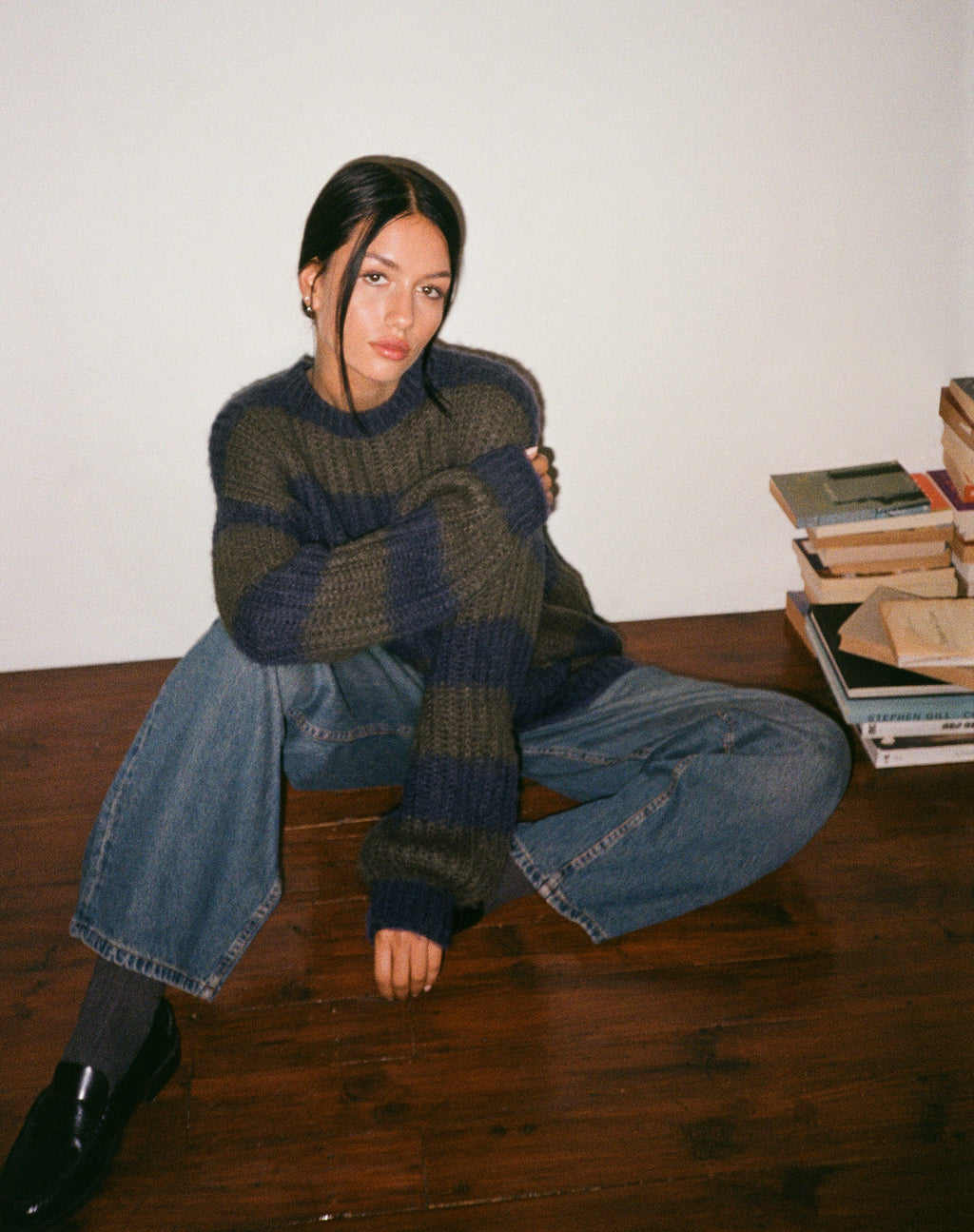 Daren Gebreide Oversized Trui in Khaki en Marineblauwe Streep