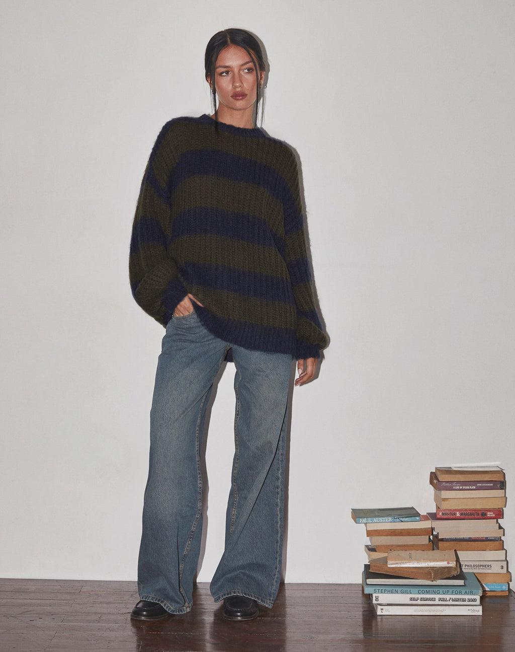 Daren Gebreide Oversized Trui in Khaki en Marineblauwe Streep
