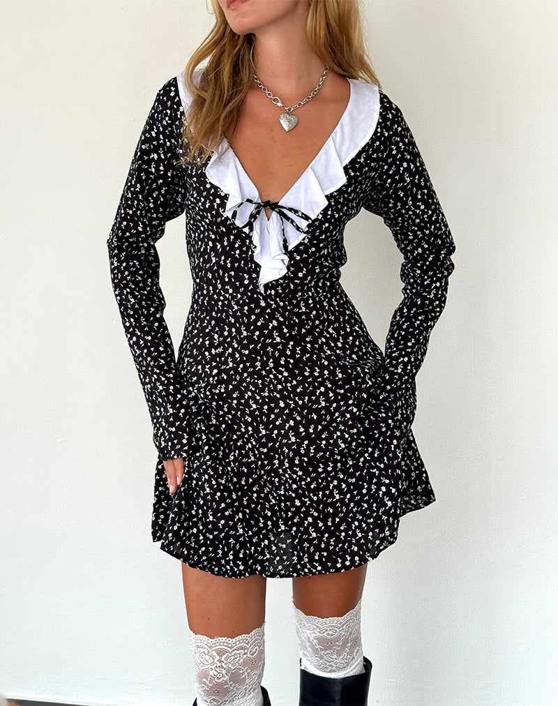 Darira Mini Jurk met Lange Mouwen in Ditsy Romance Zwart