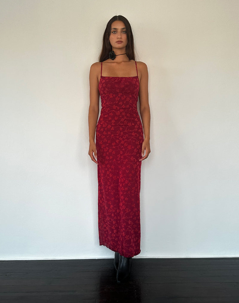 Afbeelding van Darsih Cami Maxi Dress Red Grunge Floral Flock