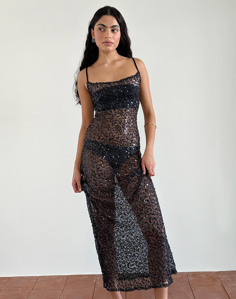 Darsih Maxi Dress in Pailletten Mesh Zwart
