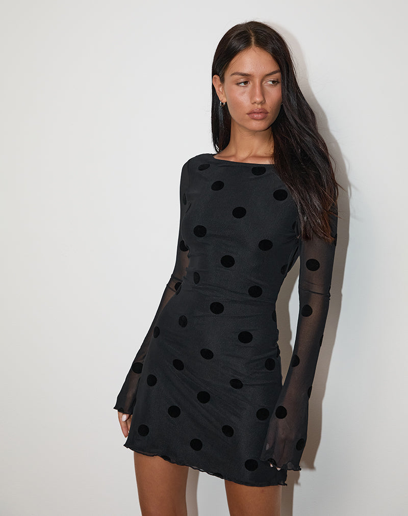 Afbeelding van Dasa Lange Mouw Mini Jurk in Grote Polka Flock Zwart