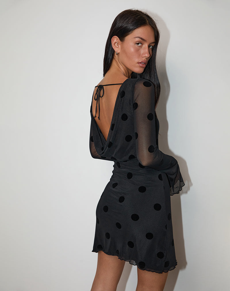 Dasa Mini Jurk met Lange Mouw in Grote Polka Flock Zwart