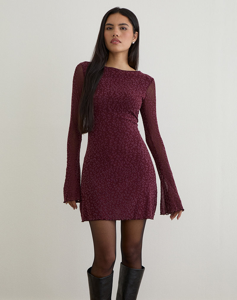 Afbeelding van Dasa Lange Mouw Mini Jurk in Flock Mini Luipaard Plum