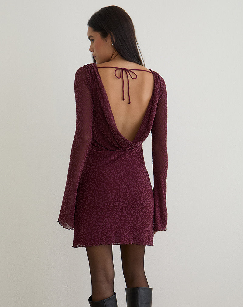 Dasa Mini Jurk met Lange Mouw in Flock Mini Leopard Plum