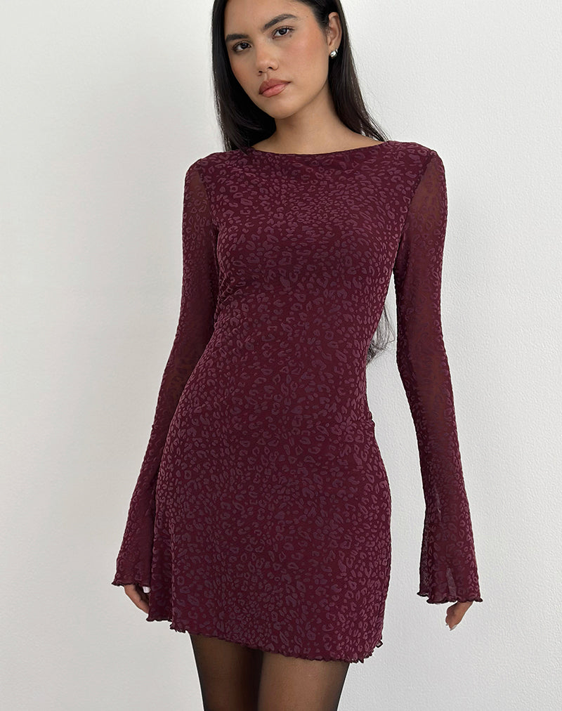 Afbeelding van Dasa Lange Mouw Mini Jurk in Flock Mini Luipaard Plum