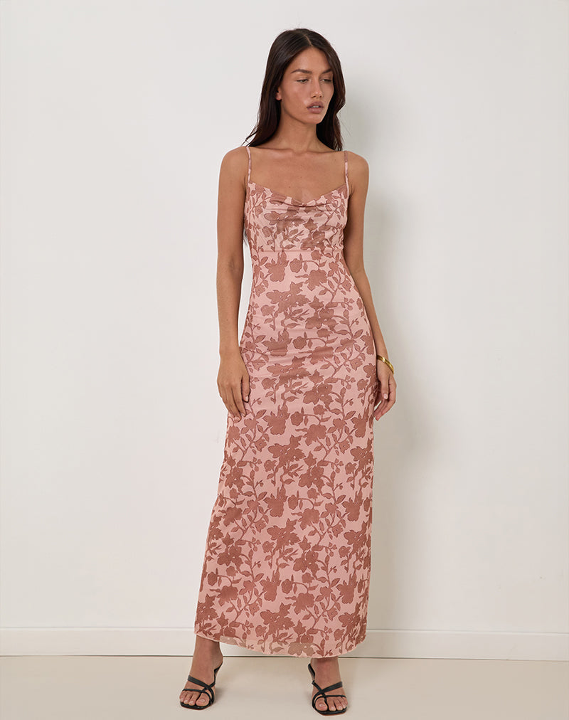 Afbeelding van Dasita Maxi jurk met ronde hals en neutrale bloemenprint