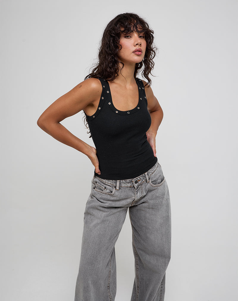 Afbeelding van Dax Eyelet Ribbed Vest Top in Zwart