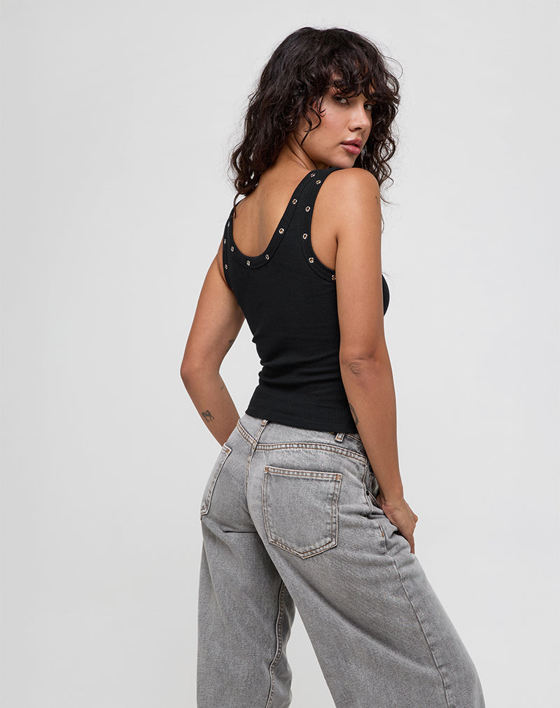 Afbeelding van Dax Eyelet Ribbed Vest Top in Zwart