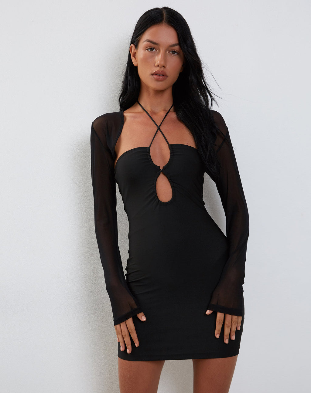 Deluna Mini Jurk met Lange Mouwen in Zwart Lycra