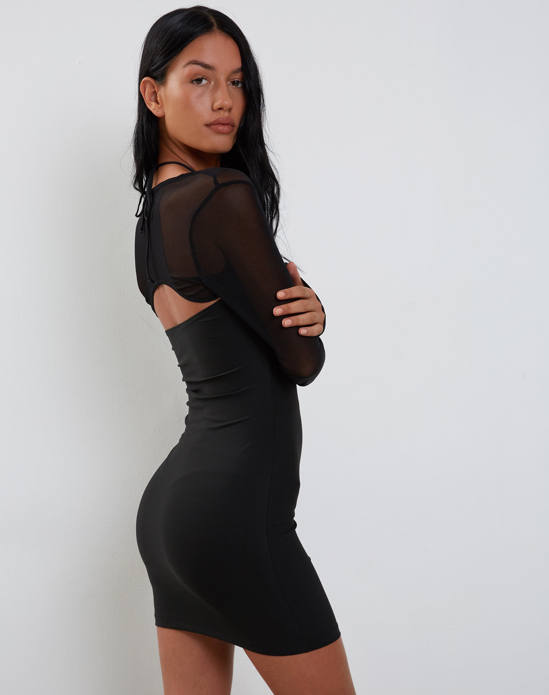 Afbeelding van Deluna Mini jurk met lange mouwen in zwart lycra