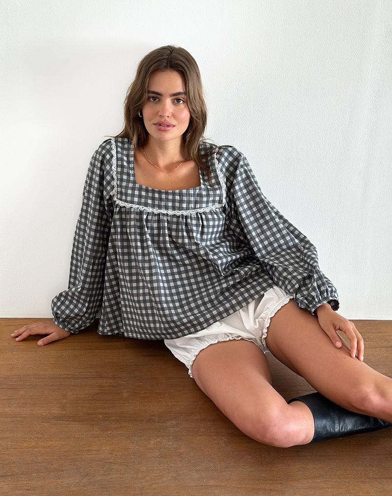 Demona Top in ton-sur-ton geruit zwart en grijs