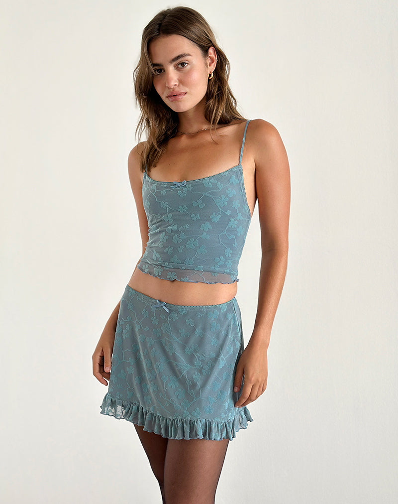 Deri Cami Top in Grunge Bloemen Blauw Grijs