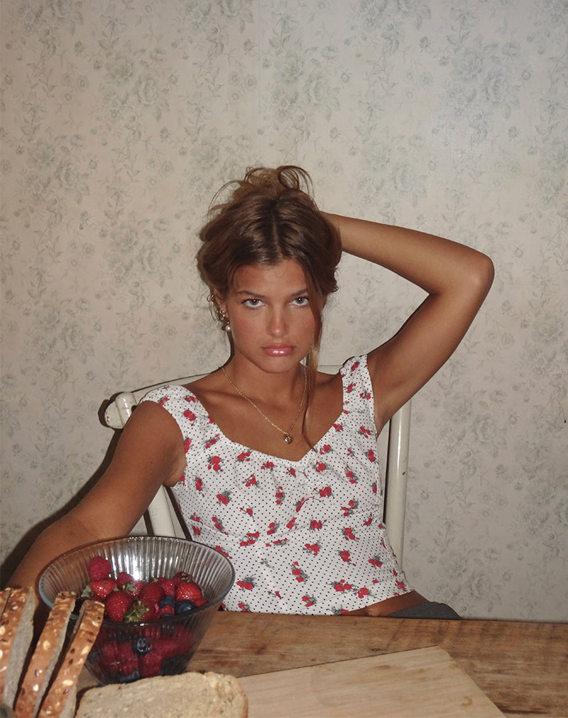 Derige Bardot Top in Wit Roos Polka