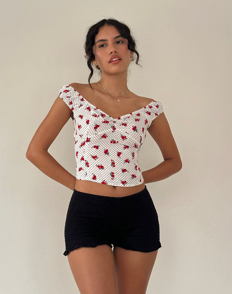 Afbeelding van Derige Bardot Top in Wit Roos Polka