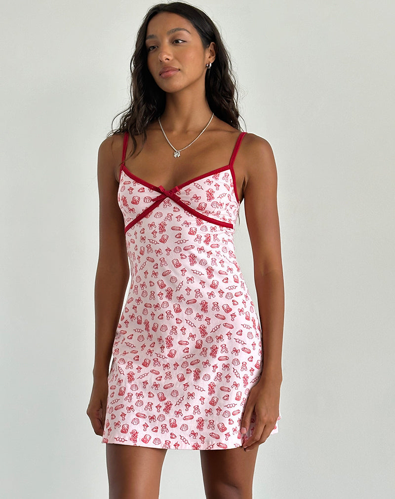Dimaya Mini Jurk in Girlie Print met Rode Binding