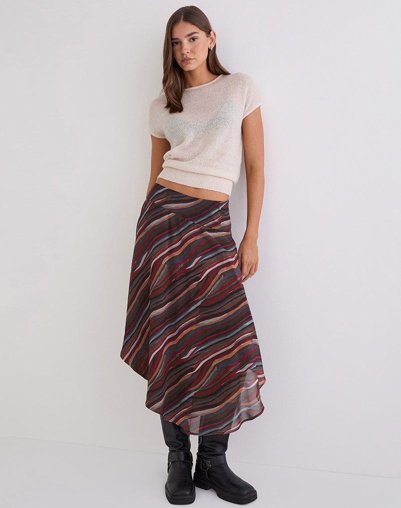 Afbeelding van Diona midi-rok in chiffon met 70's Shadow Stripe-print