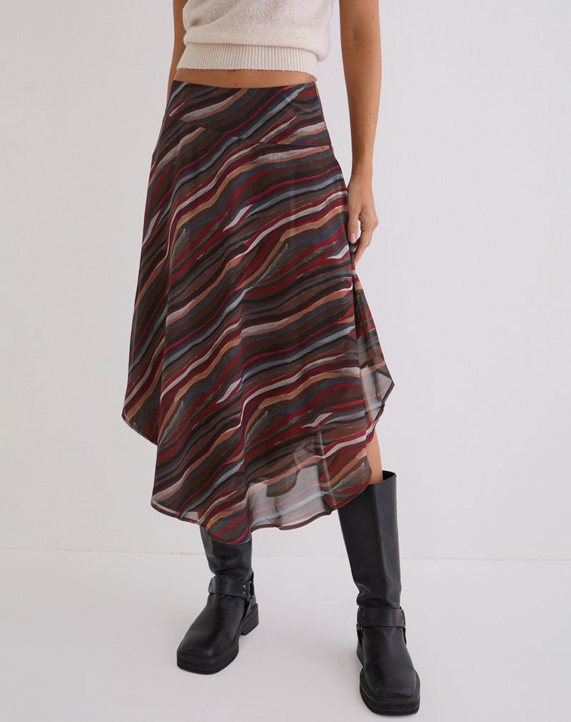 Afbeelding van Diona midi-rok in chiffon met 70's Shadow Stripe-print