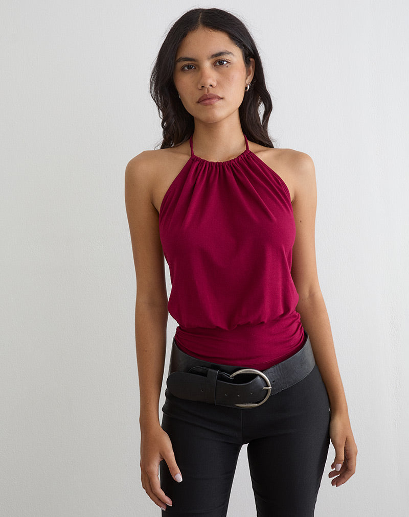 Image of Diraka High Neck Top in Rayon Jersey Burgundy