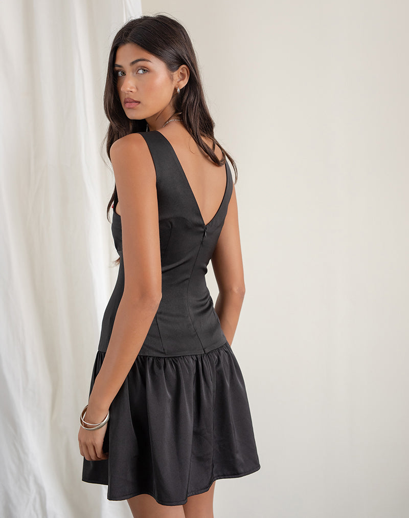 Afbeelding van Distia Plunge Puff Mini Dress in Zwart