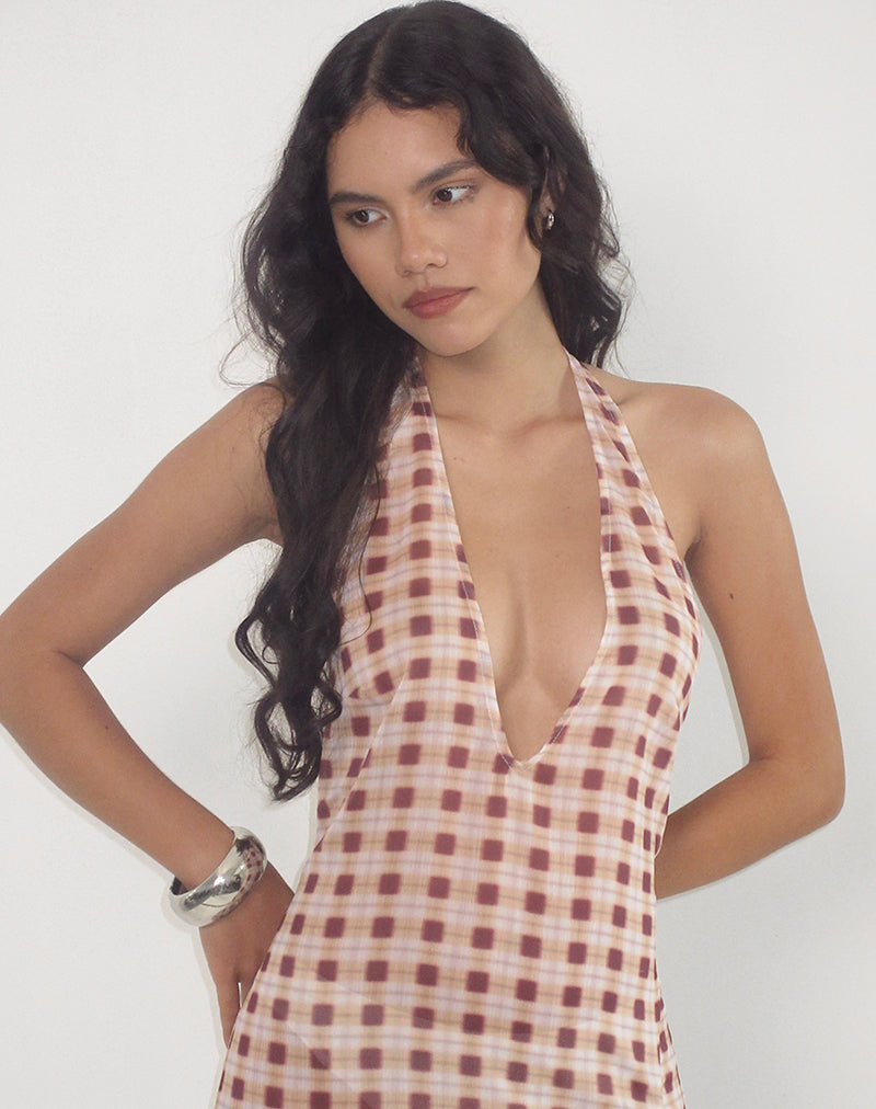 Driti Maxi Dress in Chiffon Vage Ruit Perzik