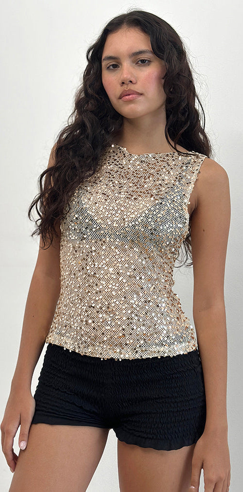 Afbeelding van Dudley Vest Top in Goud Pailletten Mesh